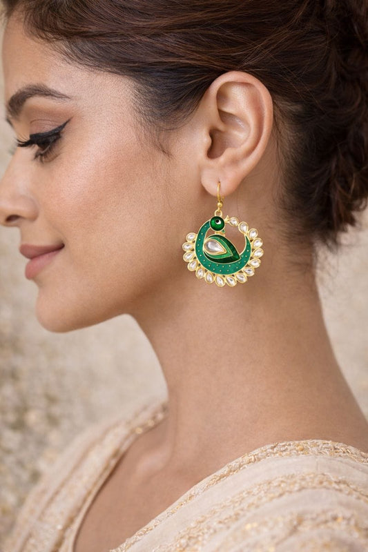 Peacock Kundan Earrings with Emerald Green Enamel and Pearls
