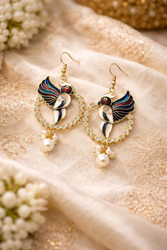 Peacock Enamel Hoop Earrings with Crystal and Pearl Drops