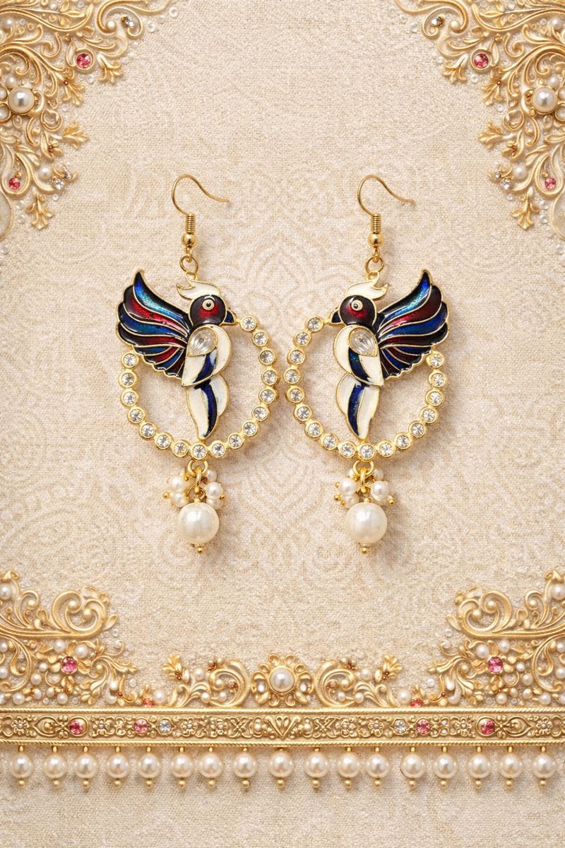 Peacock Enamel Hoop Earrings with Crystal and Pearl Drops