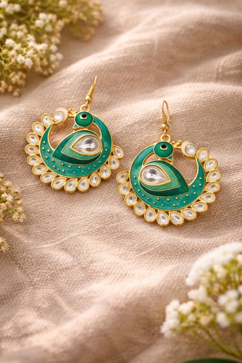 Peacock Kundan Earrings with Emerald Green Enamel and Pearls