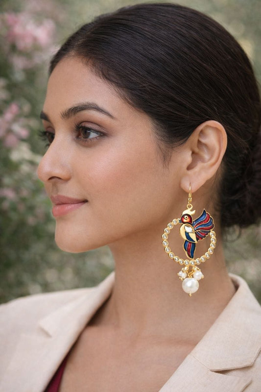 Peacock Enamel Hoop Earrings with Crystal and Pearl Cluster Drops