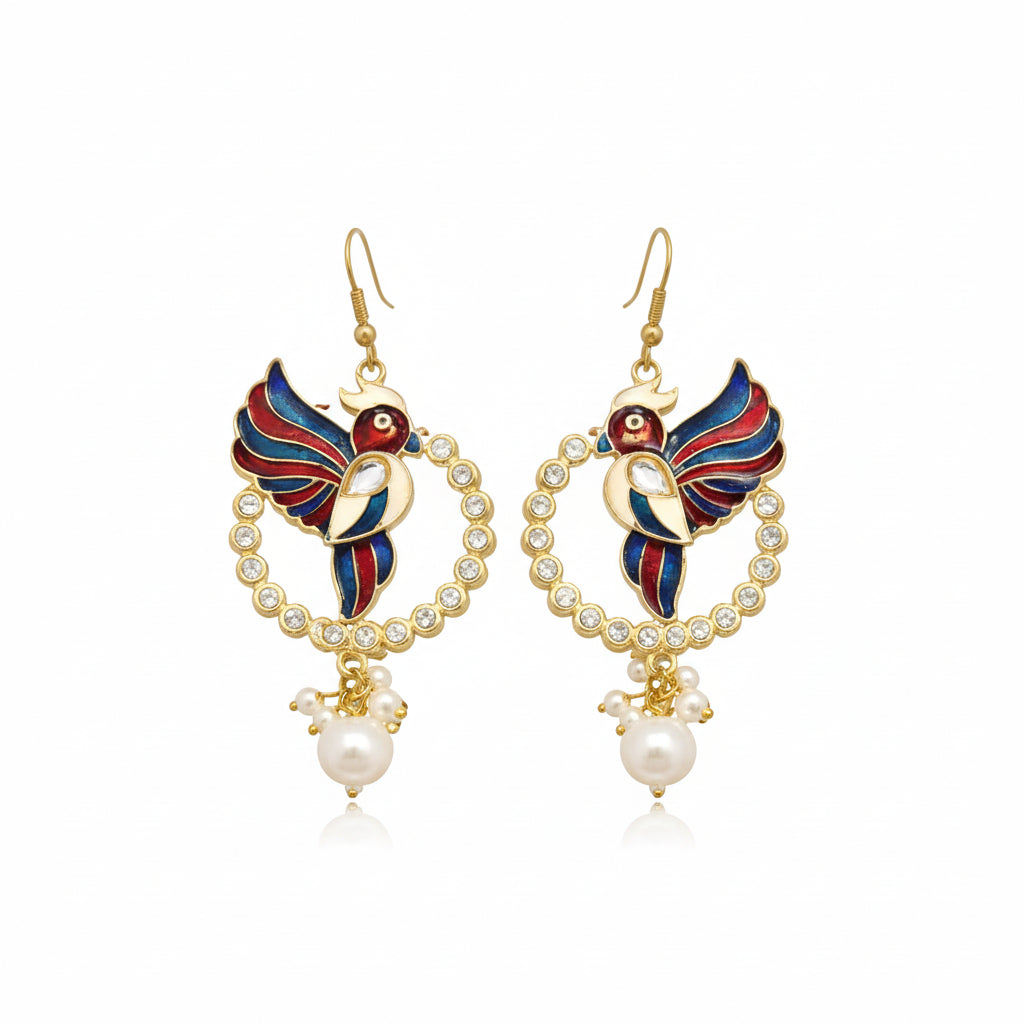 Peacock Enamel Hoop Earrings with Crystal and Pearl Cluster Drops
