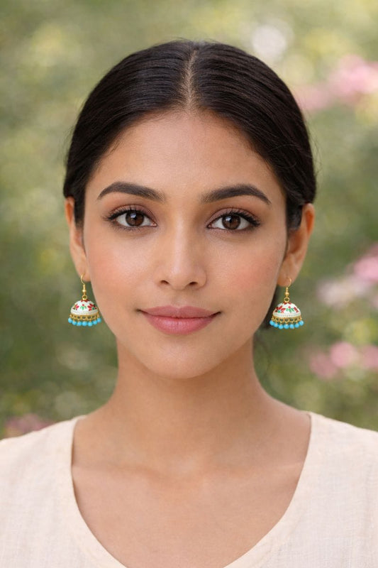 Turquoise Meenakari Jhumka Earrings with Floral Design