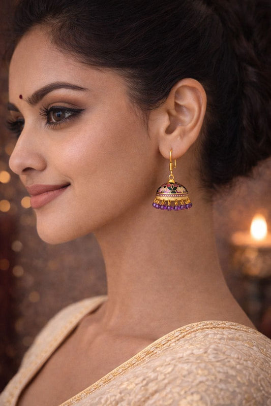 Traditional Meenakari Jhumka Earrings with Purple Beads