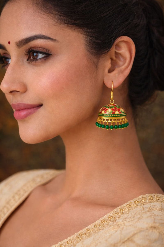 Green and Red Meenakari Jhumka Earrings with Emerald Beads