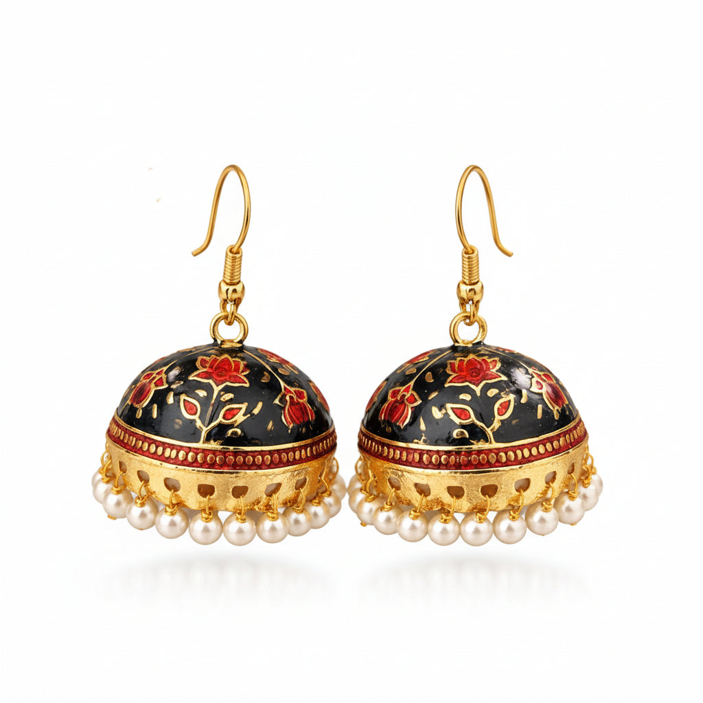 Black Meenakari Jhumka Earrings with Pearl Beads