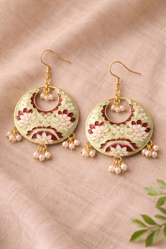 Mint Green Meenakari Chandbali Earrings with Floral Design and Pearl Clusters