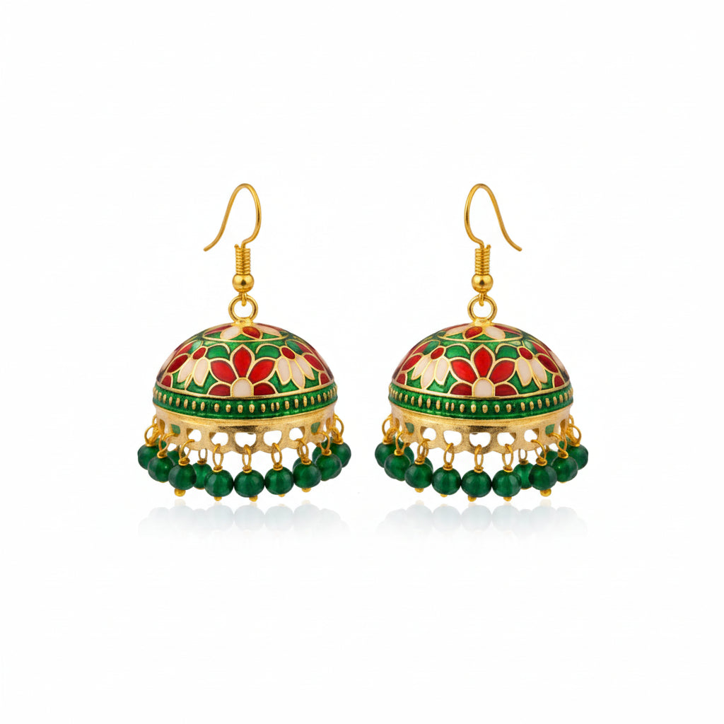 Green and Red Meenakari Jhumka Earrings with Emerald Beads