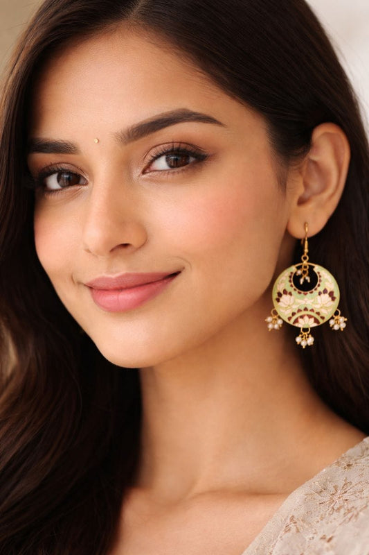 Cream Meenakari Chandbali Earrings with Floral Design and Pearl Clusters