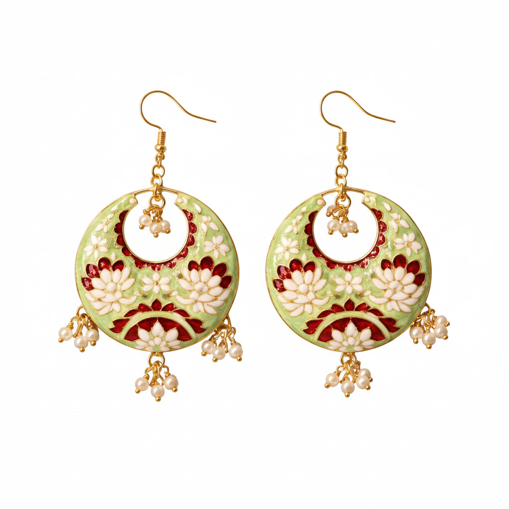 Mint Green Meenakari Chandbali Earrings with Floral Design and Pearl Clusters