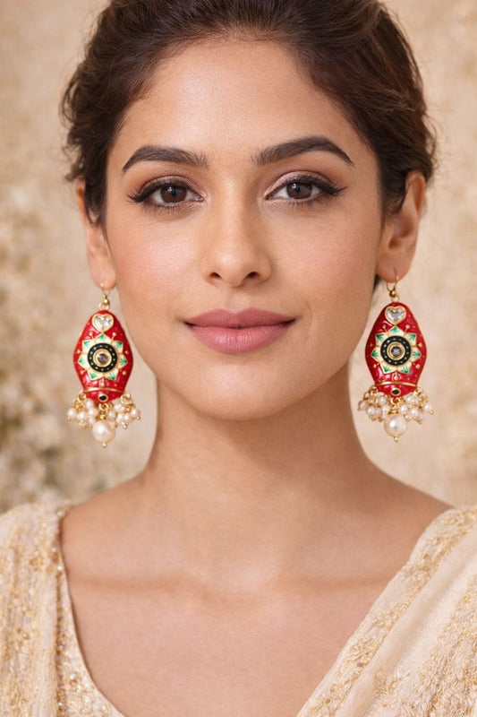 Red Meenakari Drop Earrings with Pearl Cluster and Crystal Heart