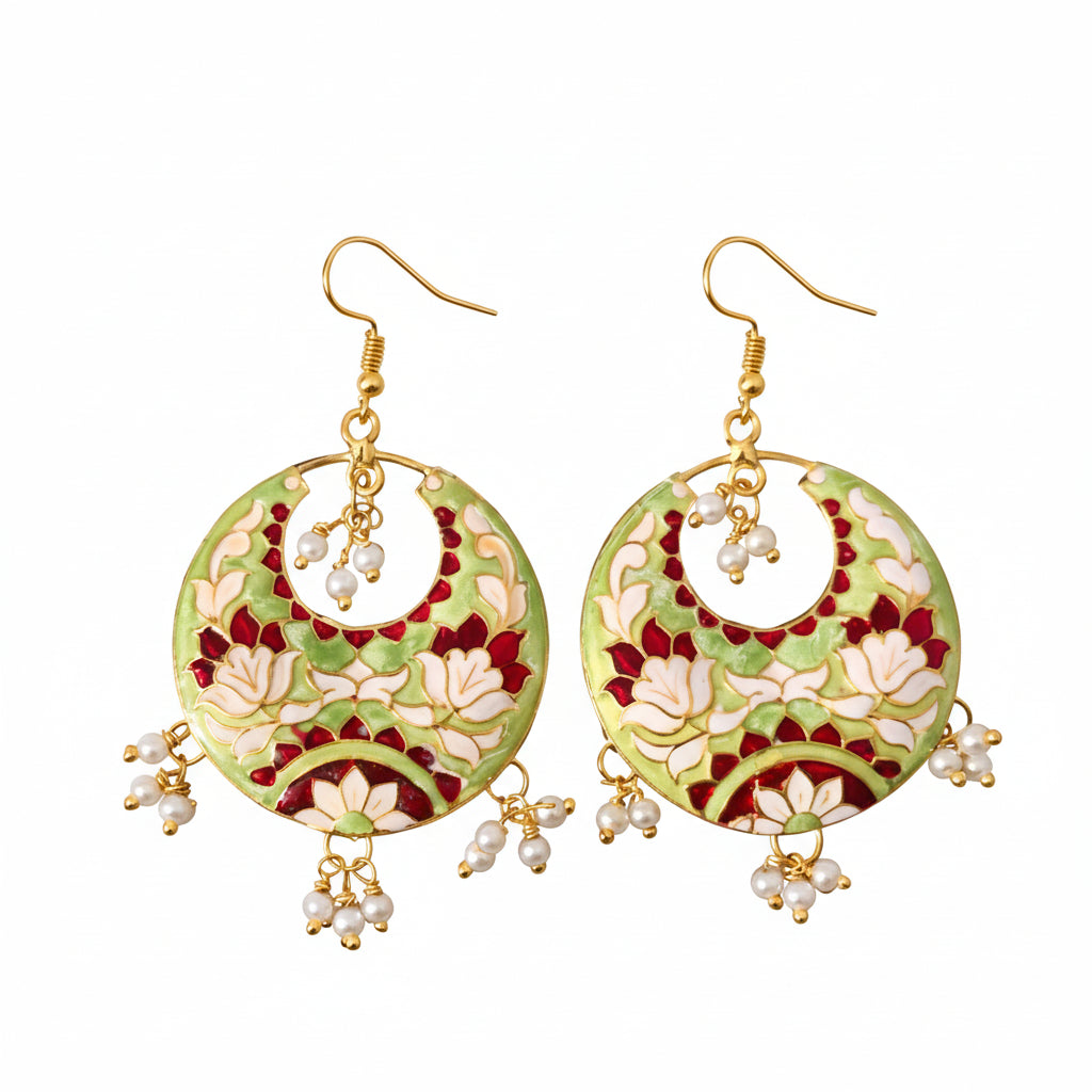 Cream Meenakari Chandbali Earrings with Floral Design and Pearl Clusters