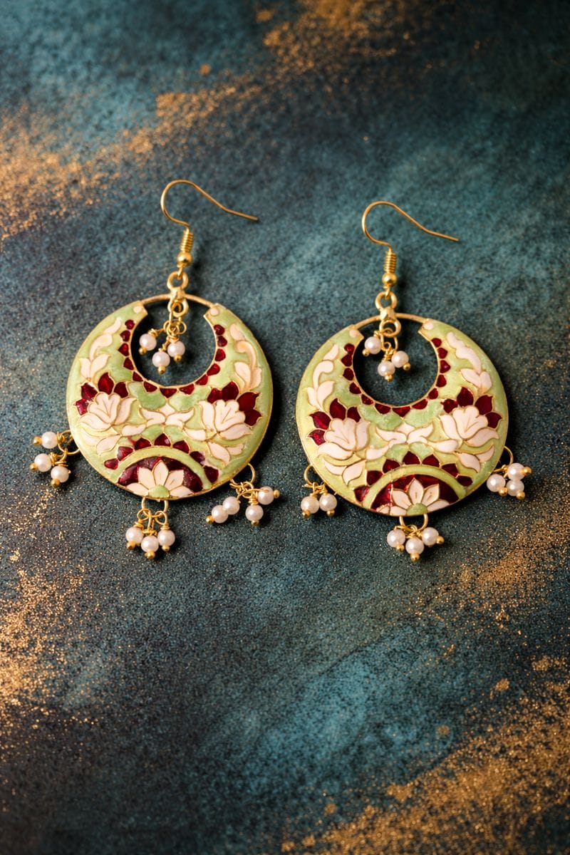 Cream Meenakari Chandbali Earrings with Floral Design and Pearl Clusters