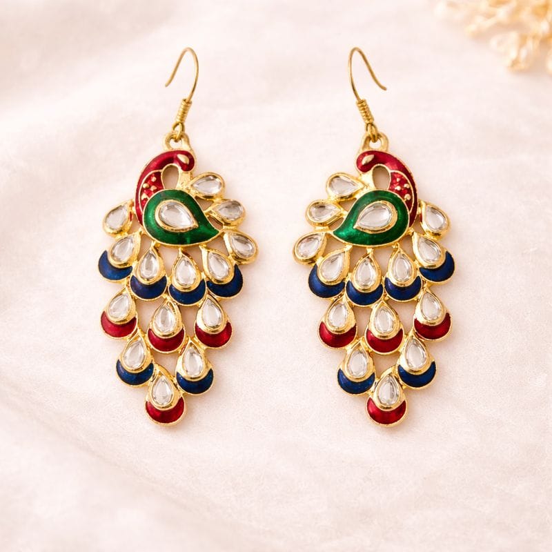 Peacock Kundan Chandelier Earrings with Multicolor Enamel