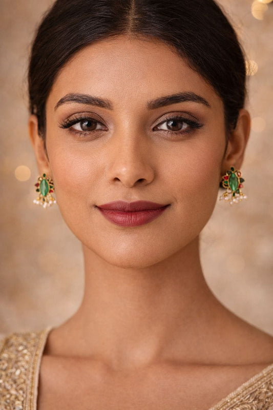 Emerald Green Marquise Stone Earrings with Pearl Cluster