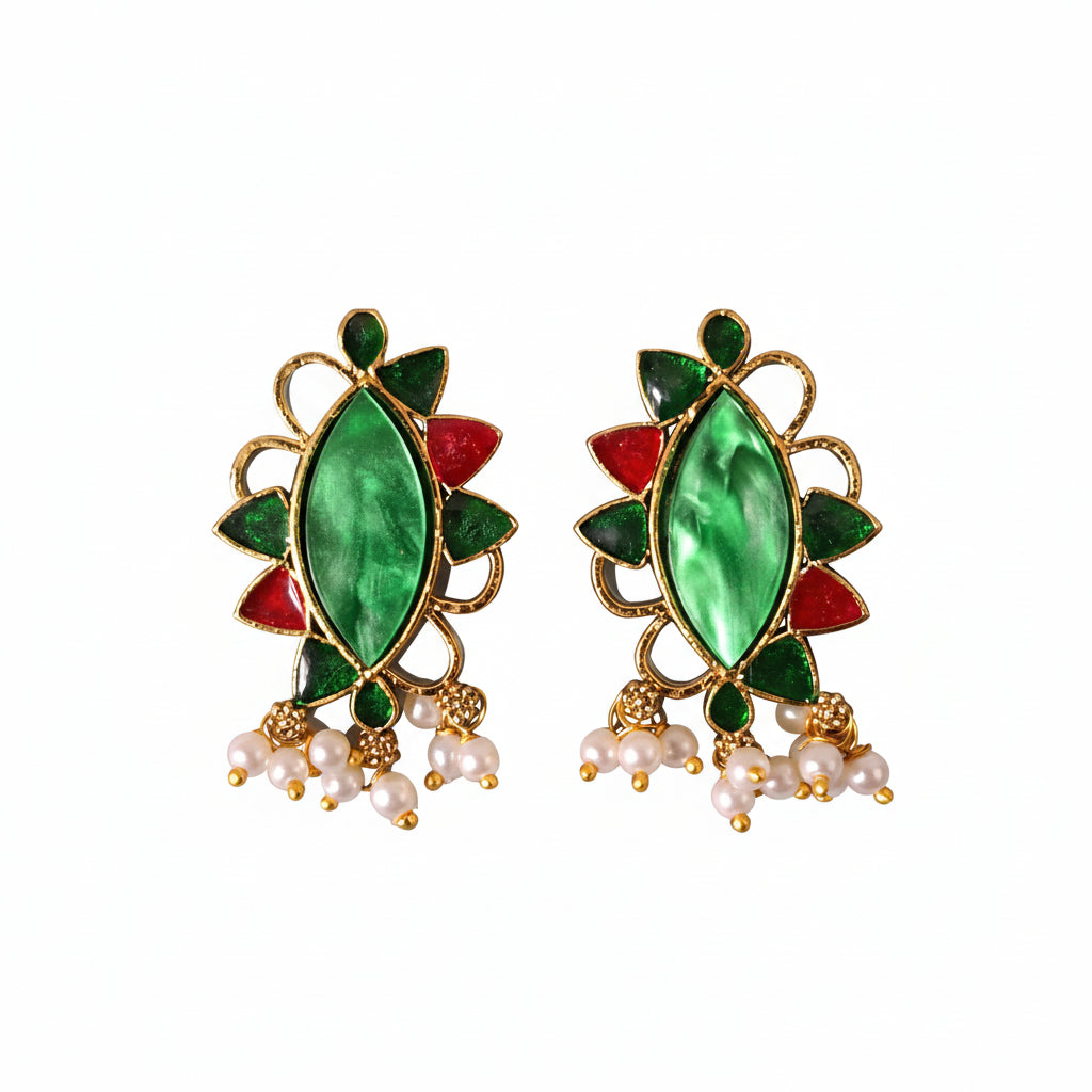 Emerald Green Marquise Stone Earrings with Pearl Cluster