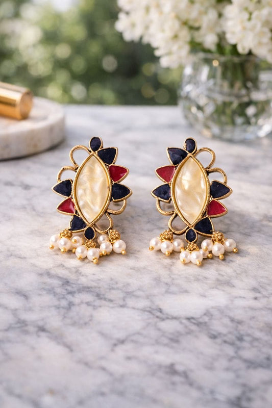 Ivory Marquise Stone Stud Earrings with Pearl Cluster and Enamel