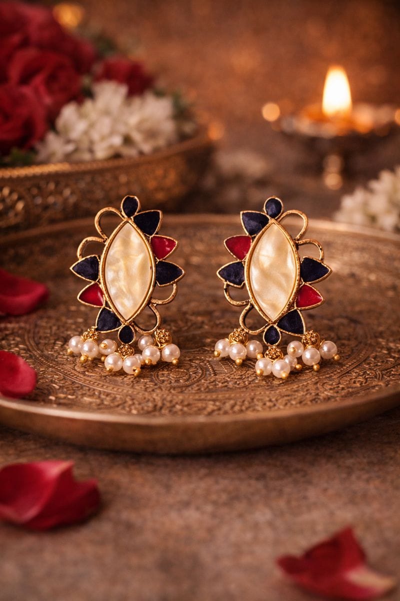 Ivory Marquise Stone Stud Earrings with Pearl Cluster and Enamel