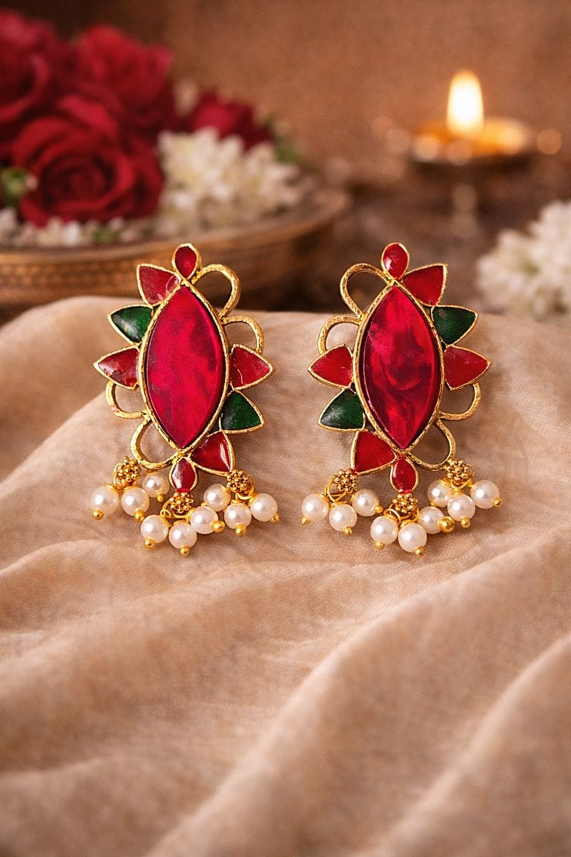 Red Gemstone Stud Earrings with Pearl Accents