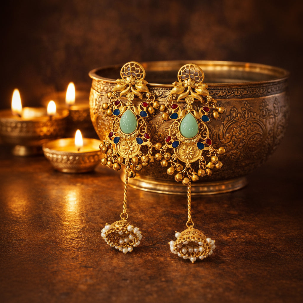 Gold Chandbali Earrings with Green Gemstone