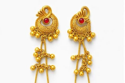Traditional Chandbali Earrings with Cascading Gold Beads and Ruby