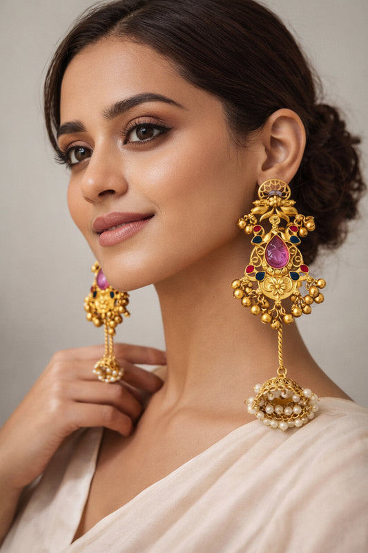 Traditional Gold Jhumka Earrings with Gemstones