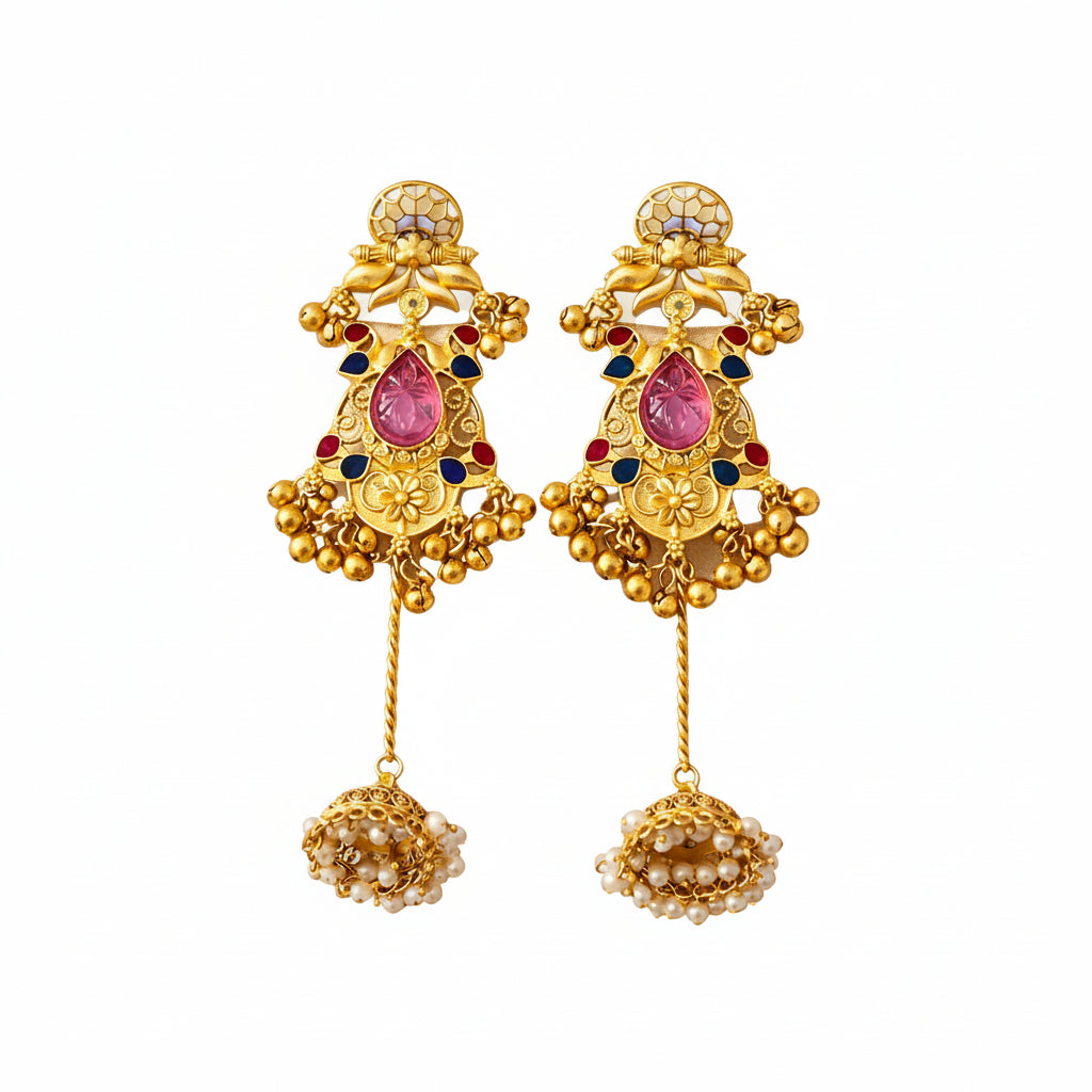 Traditional Gold Jhumka Earrings with Gemstones