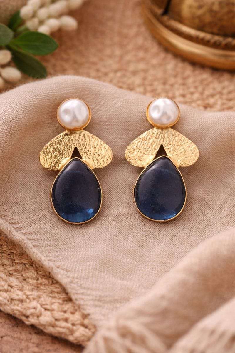 Pearl and Blue Stone Drop Earrings