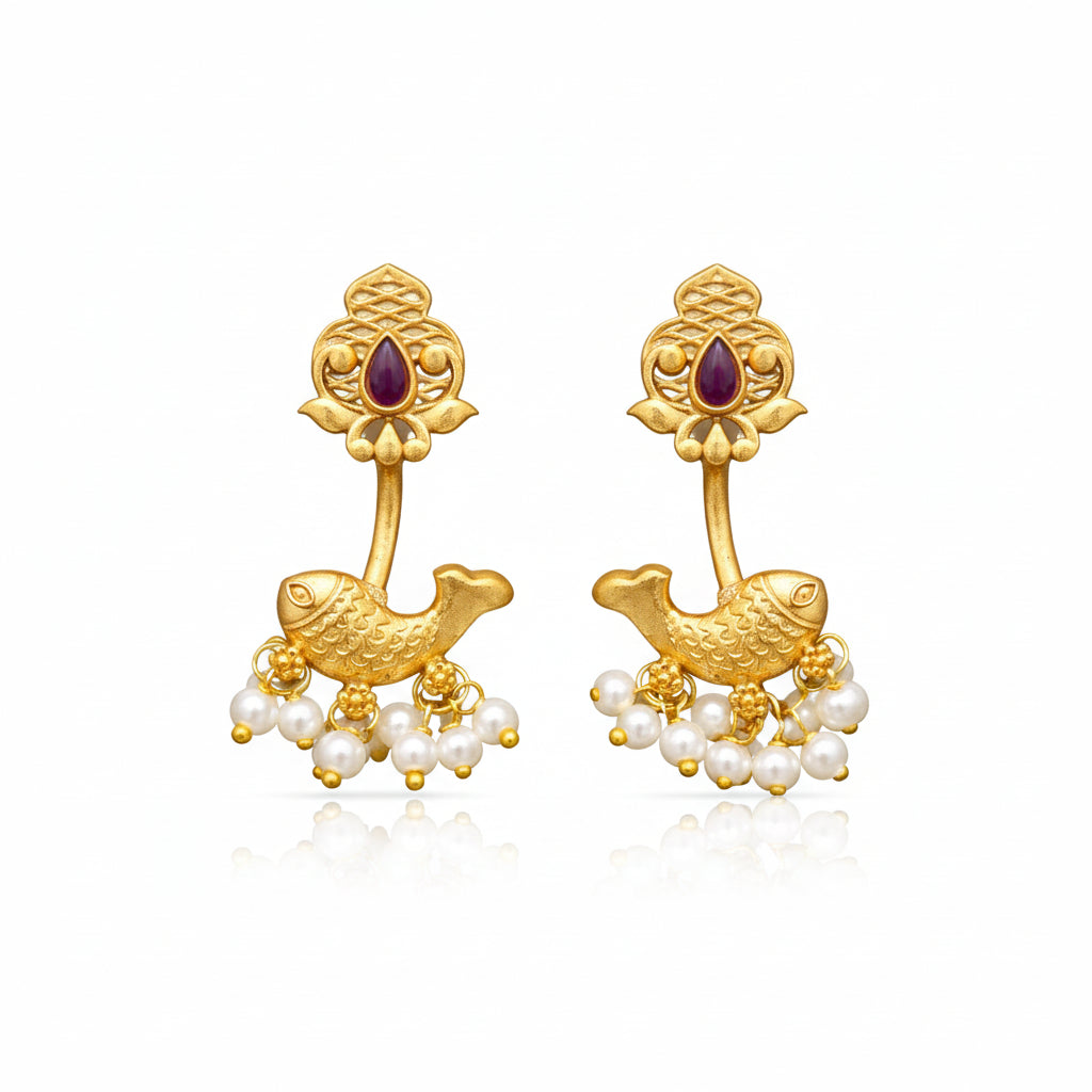 Traditional Gold Crescent Earrings with Ruby & Pearls