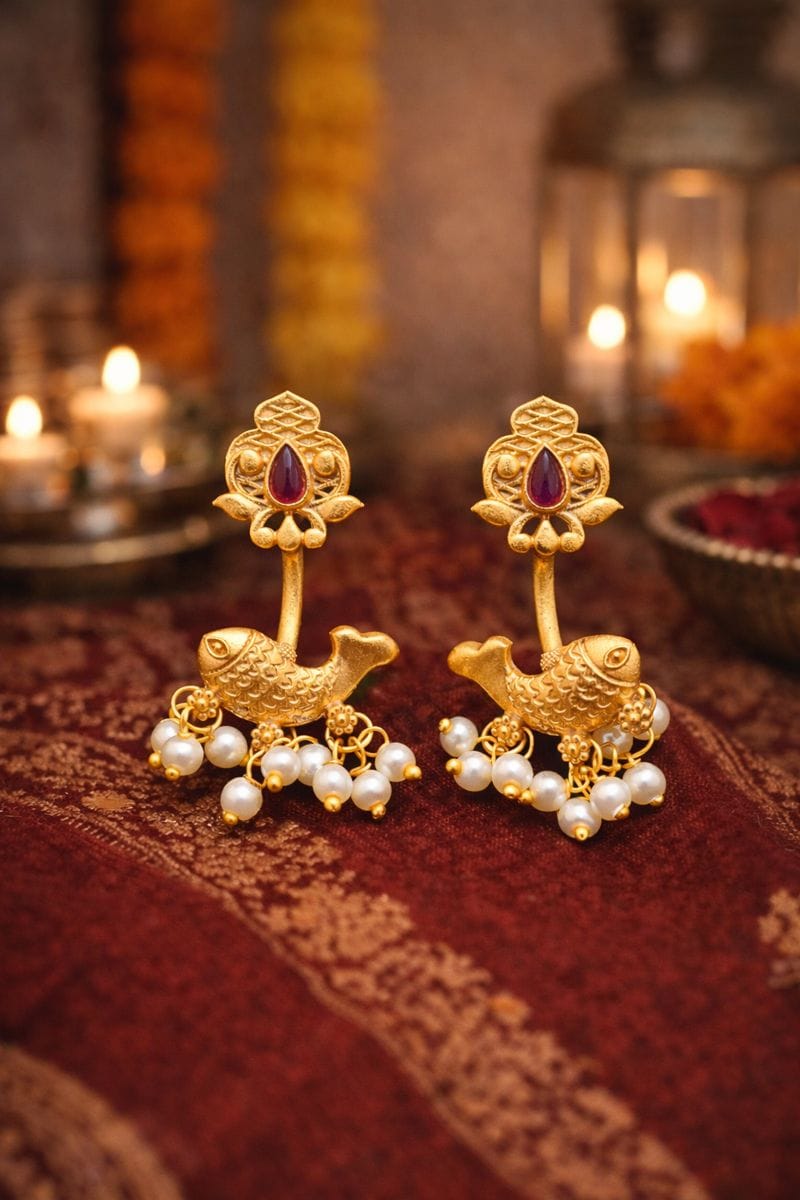 Traditional Gold Crescent Earrings with Ruby & Pearls