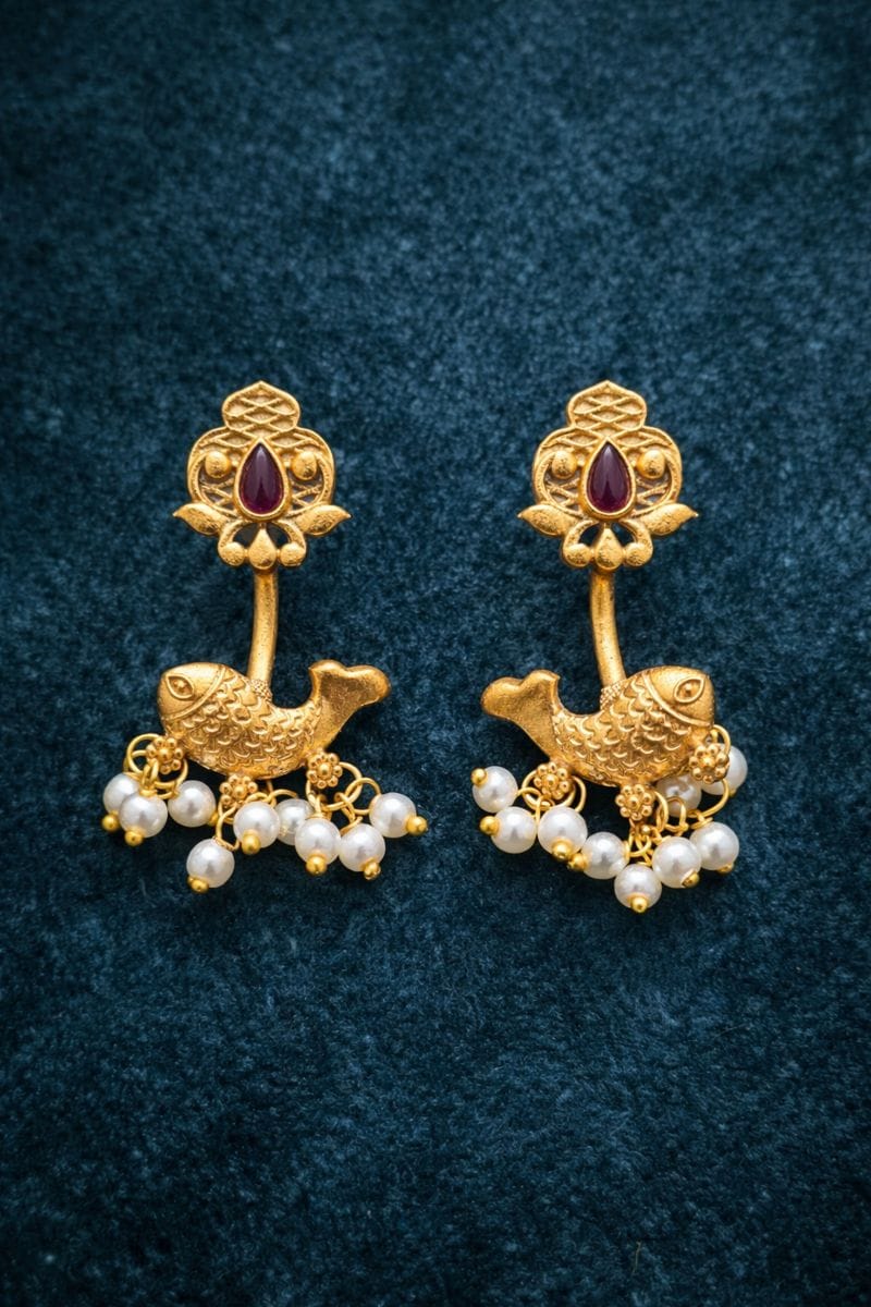Traditional Gold Crescent Earrings with Ruby & Pearls