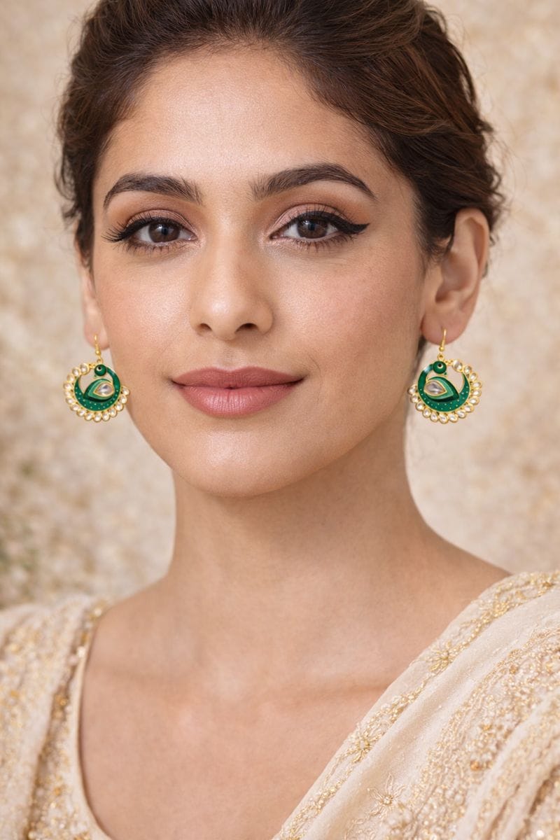 Peacock Kundan Earrings with Emerald Green Enamel and Pearls