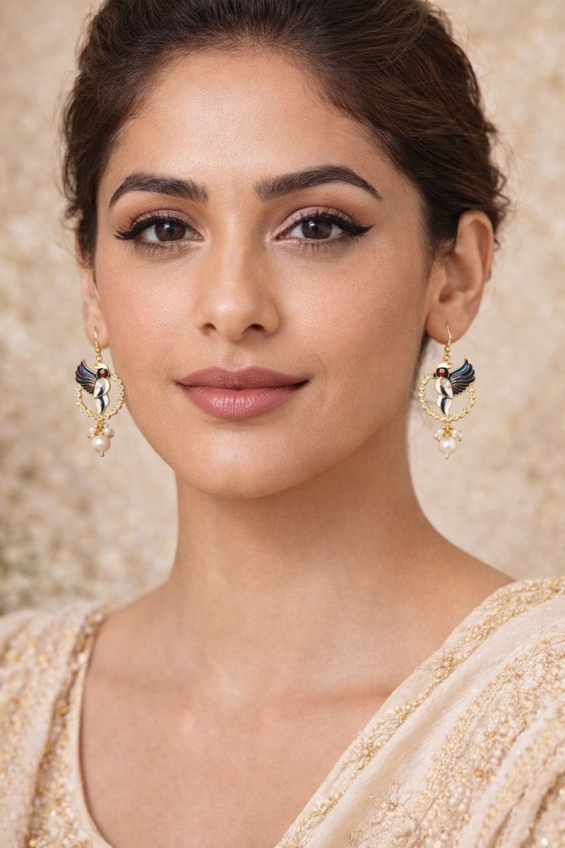 Peacock Enamel Hoop Earrings with Crystal and Pearl Drops