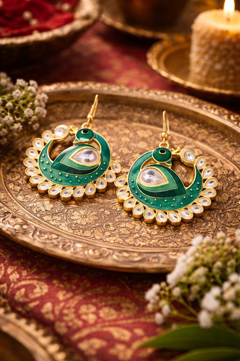 Peacock Kundan Earrings with Emerald Green Enamel and Pearls