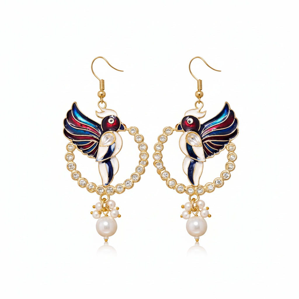 Peacock Enamel Hoop Earrings with Crystal and Pearl Drops