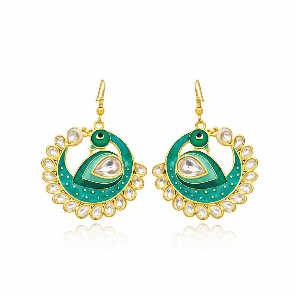 Peacock Kundan Earrings with Emerald Green Enamel and Pearls