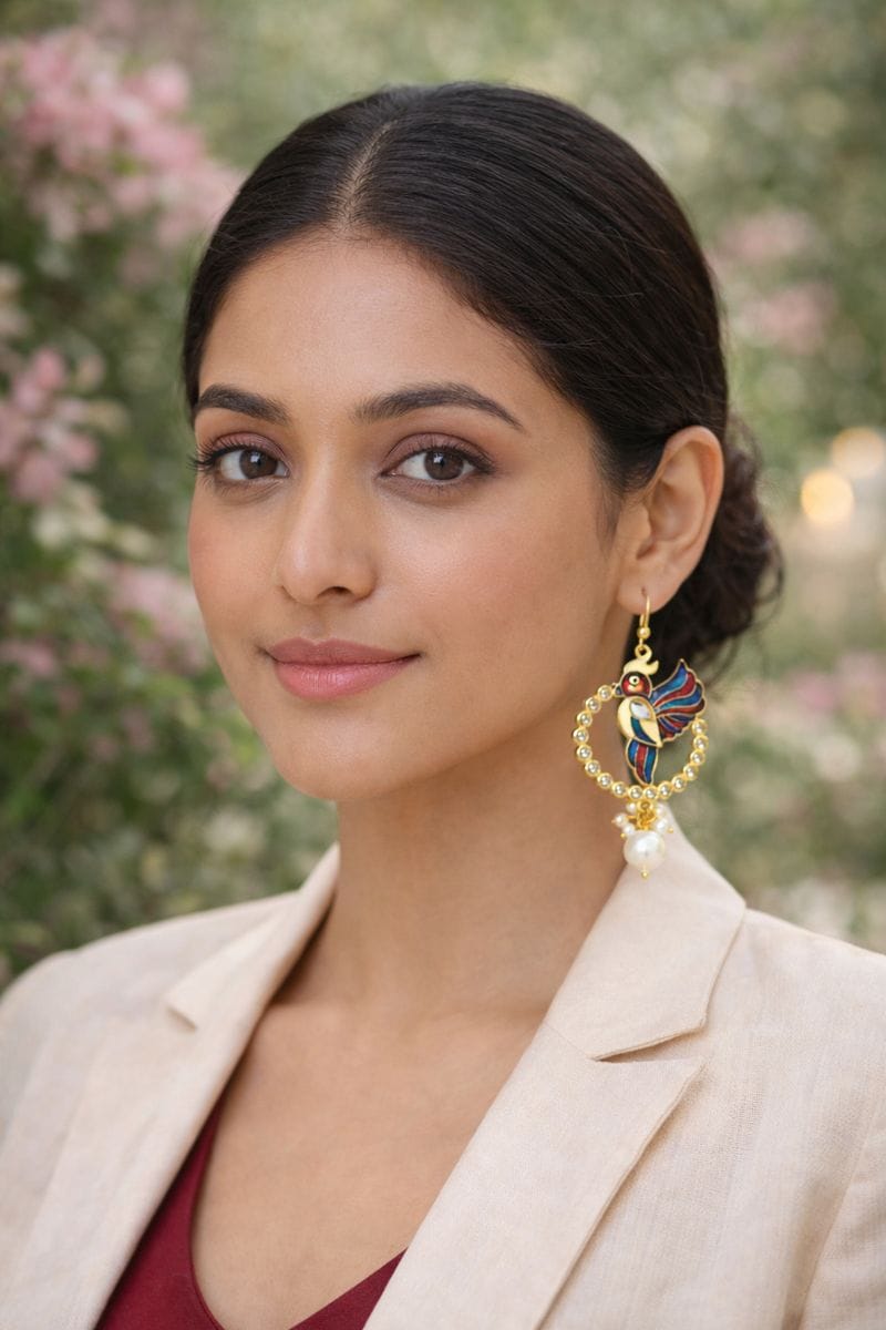 Peacock Enamel Hoop Earrings with Crystal and Pearl Cluster Drops