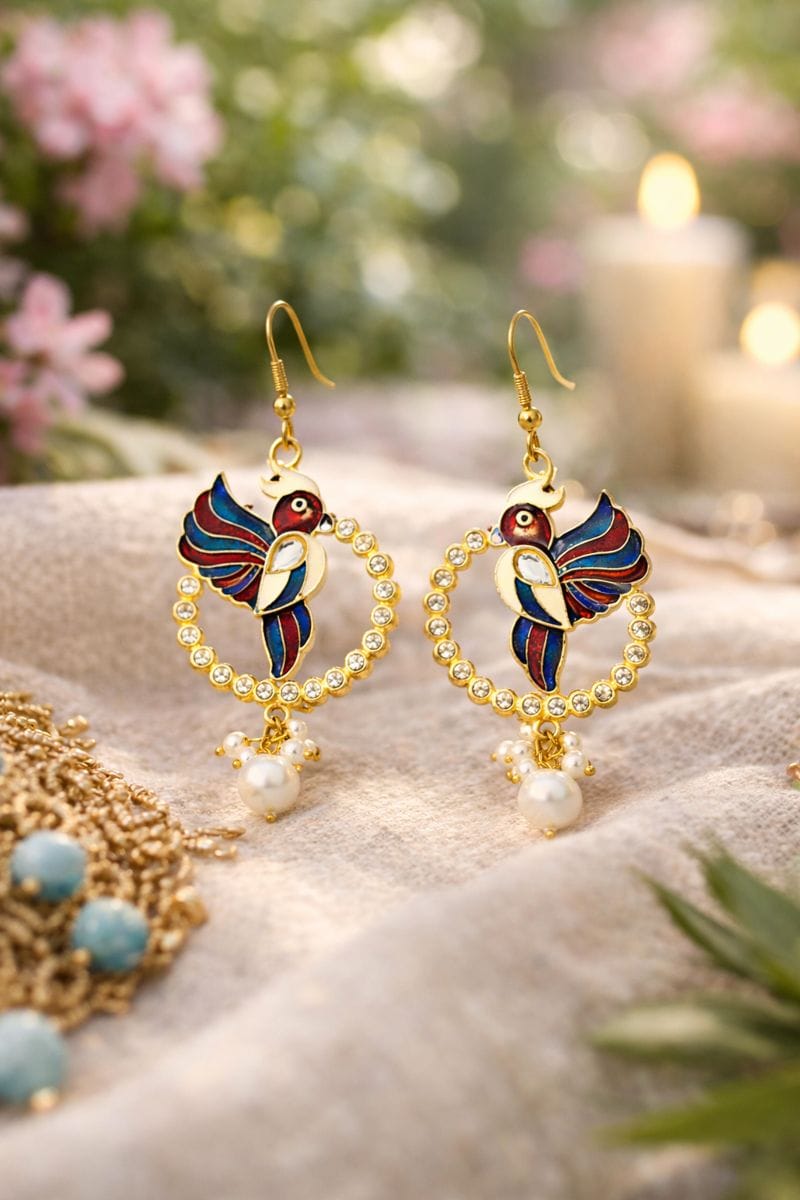 Peacock Enamel Hoop Earrings with Crystal and Pearl Cluster Drops