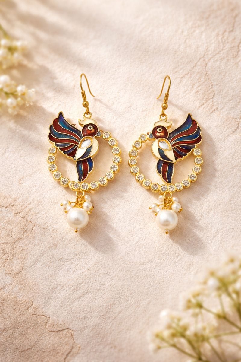 Peacock Enamel Hoop Earrings with Crystal and Pearl Cluster Drops