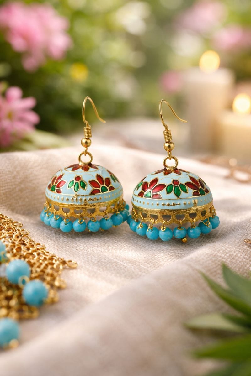 Turquoise Meenakari Jhumka Earrings with Floral Design