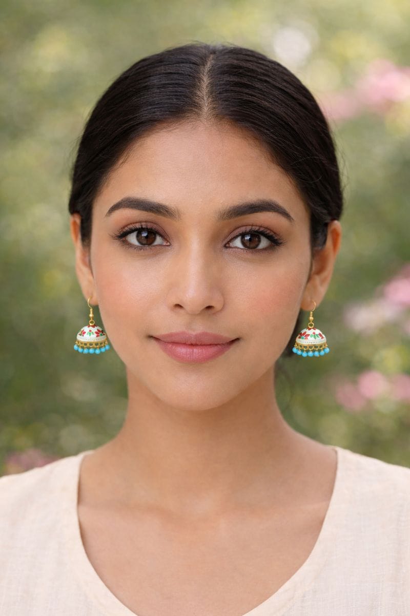 Turquoise Meenakari Jhumka Earrings with Floral Design