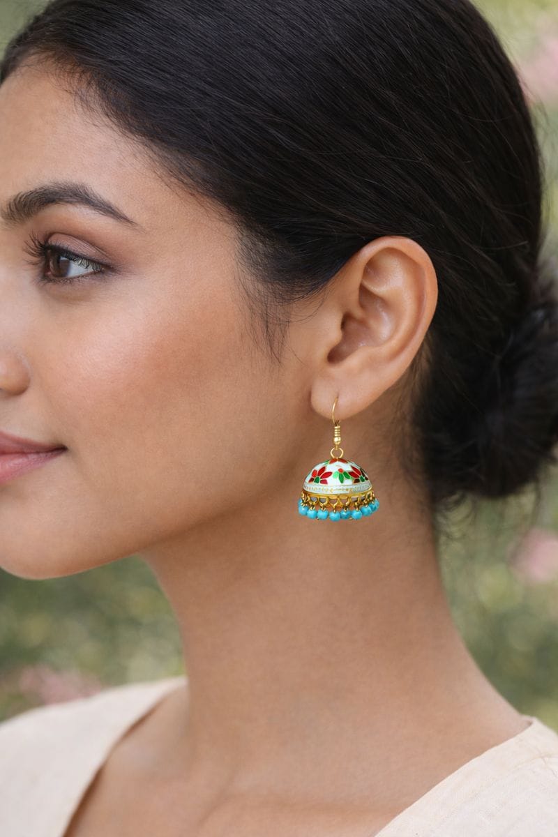 Turquoise Meenakari Jhumka Earrings with Floral Design