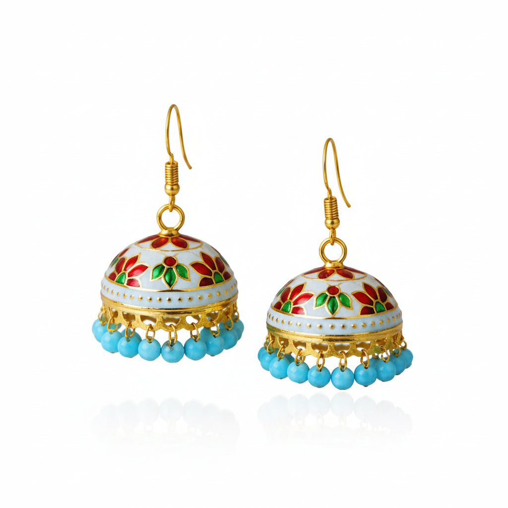 Turquoise Meenakari Jhumka Earrings with Floral Design