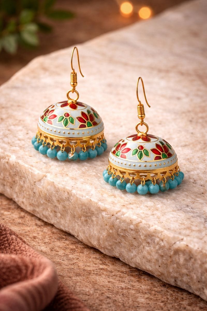 Turquoise Meenakari Jhumka Earrings with Floral Design