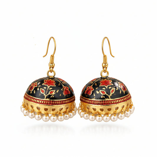 Black Meenakari Jhumka Earrings with Pearl Beads