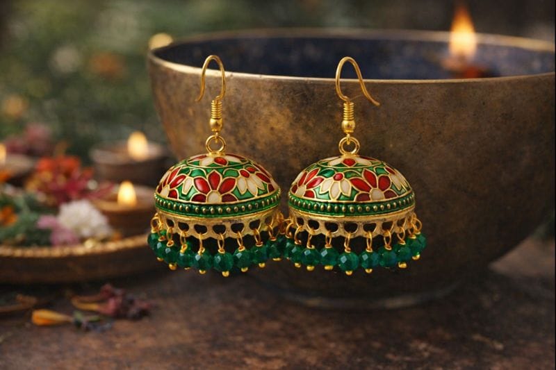 Green and Red Meenakari Jhumka Earrings with Emerald Beads