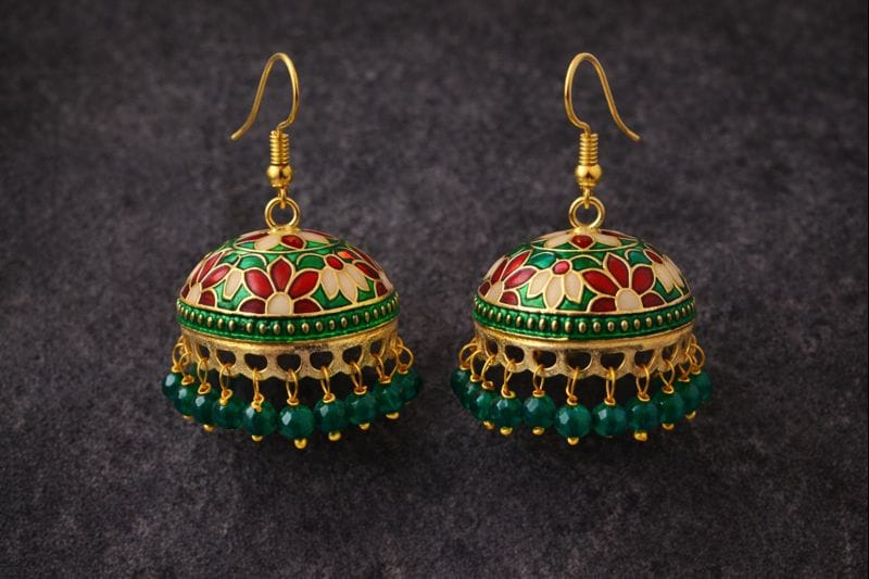 Green and Red Meenakari Jhumka Earrings with Emerald Beads