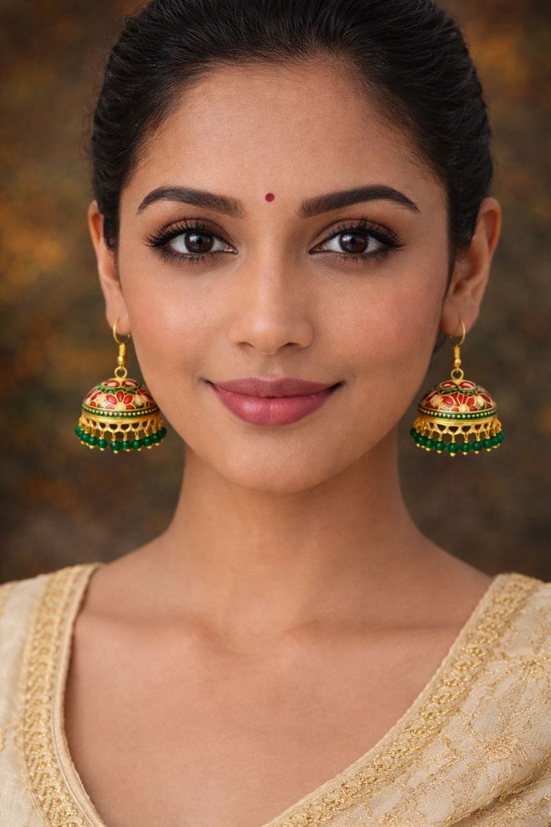 Green and Red Meenakari Jhumka Earrings with Emerald Beads