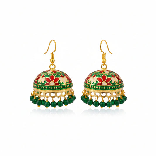 Green and Red Meenakari Jhumka Earrings with Emerald Beads