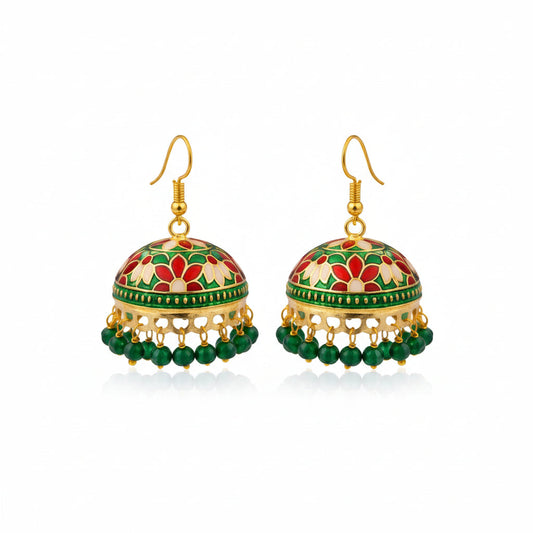Green and Red Meenakari Jhumka Earrings with Emerald Beads